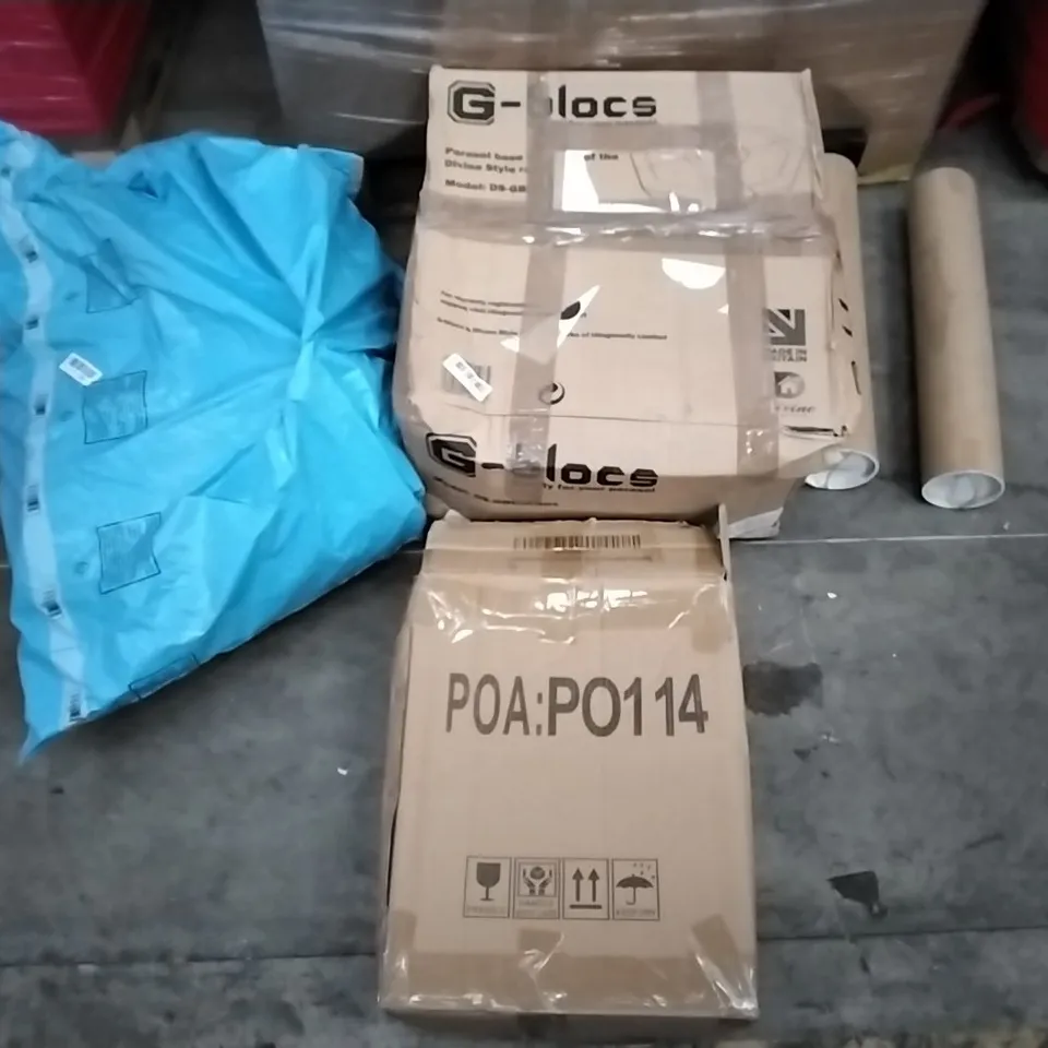 PALLET OF ASSORTED ITEMS INCLUDING MAGICLIFE OFFICE CHAIR, MASS DYNAMIC TOILET SEAT, G-BLOCS PARASOL BASE SET, PORTABLE CLOSET, NEWME FITNESS POSTER, IBATMS INFLATABLE BOARD