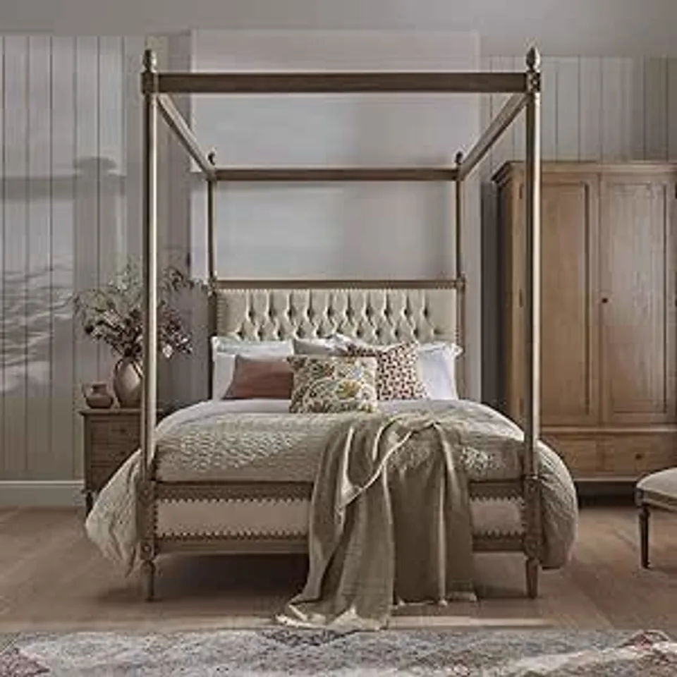 BRAND NEW BOXED SERENITY ANTIQUE FRENCH STYLE BUTTONED CANOPY BEDFRAME(8 BOXES)