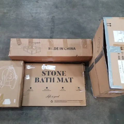 PALLET OF ASSORTED PRODUCTS INCLUDING STONE BATH MAT, BABY BATH SEAT, PLAYPEN, KED CEILING FAN LIGHT, AIR COOLER