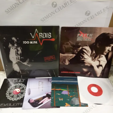 BOX OF APPROXIMATELY 10 ASSORTED VINYL RECORDS TO INCLUDE POLEXIA, THE CULT, FAITH BORTHERS ETC
