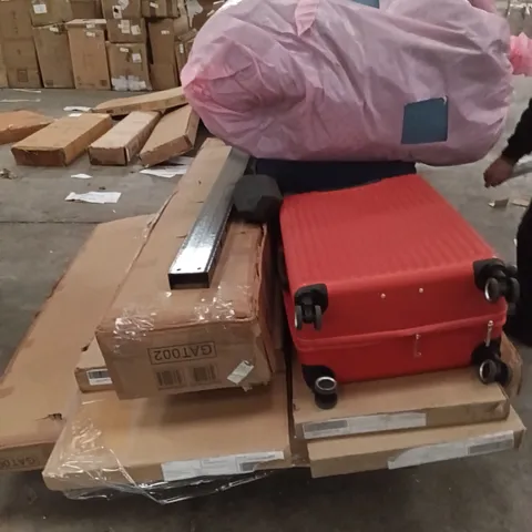 PALLET OF ASSORTED INCOMPLETE ITEMS INCLUDING, SUITCASE, KETTLE BELL, DUMBBELL 