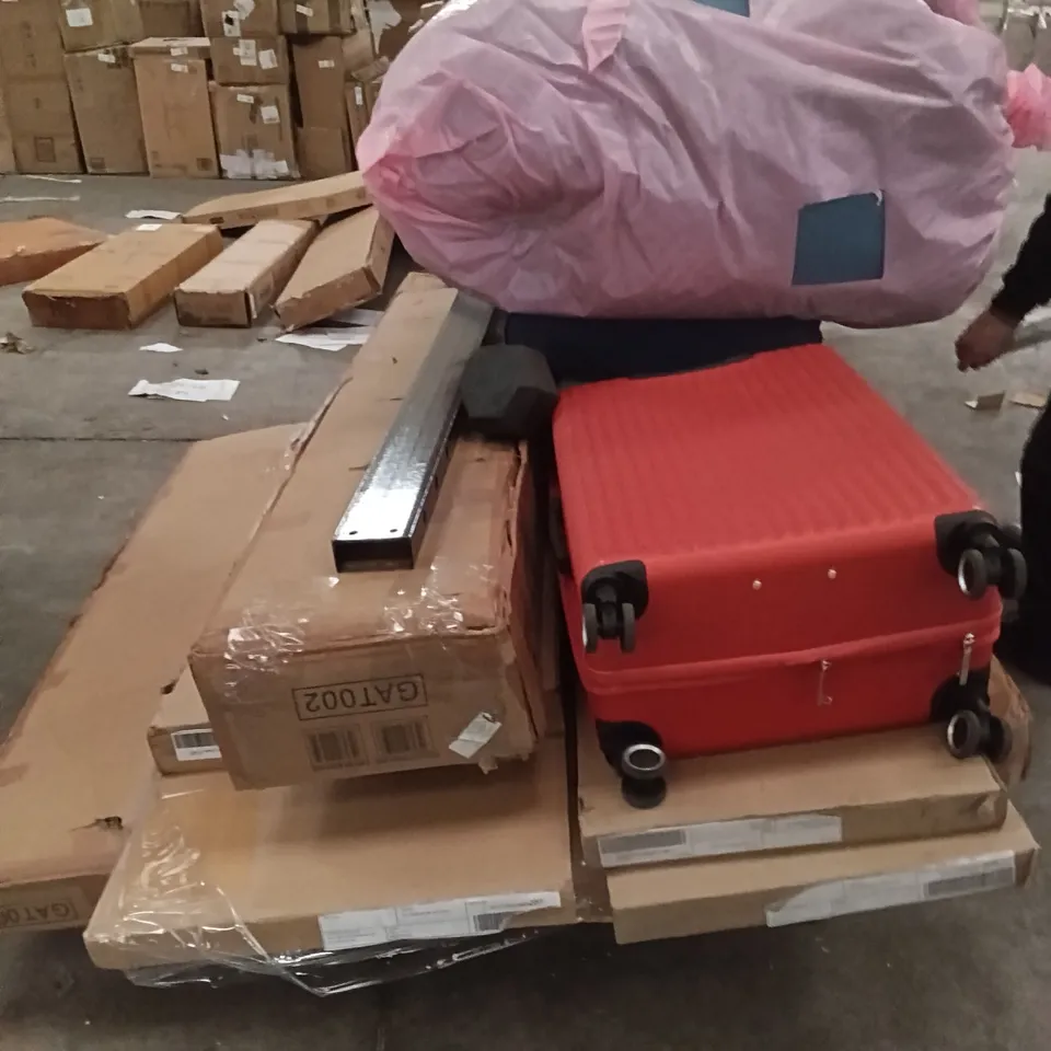PALLET OF ASSORTED INCOMPLETE ITEMS INCLUDING, SUITCASE, KETTLE BELL, DUMBBELL