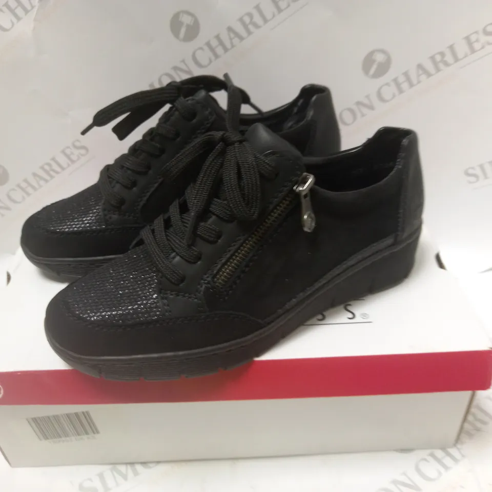 BOXED RIEKER BLACK WEDGE TRAINER - SIZE 7