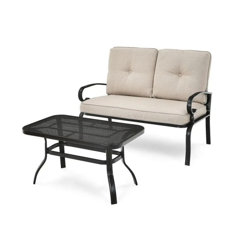 BOXED COSTWAY 2PCS PATIO LOVESEAT BENCH TABLE FURNITURE SET CUSHIONED CHAIR - BEIGE 