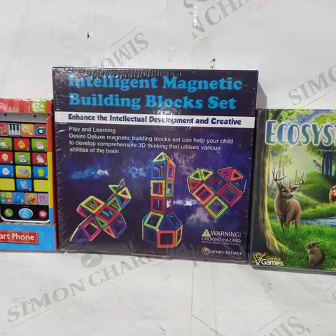 BOX OF APPROXIMATELY 10 ASSORTED TOYS AND GAMES TO INCLUDE INTELLIGENT MAGNETIC BUILDING BLOCKS SET, GENIUS GAMES ECOSYSTEM, GIGGLE AND GROW SMART PHONE, ETC
