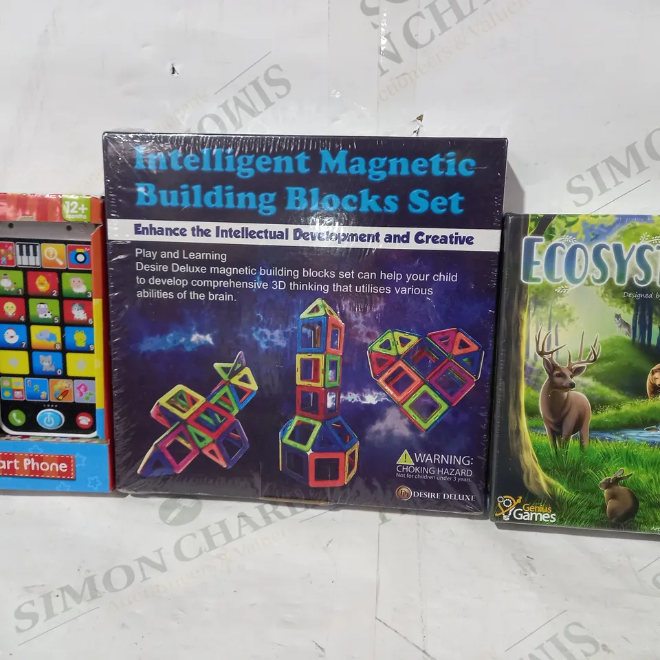 BOX OF APPROXIMATELY 10 ASSORTED TOYS AND GAMES TO INCLUDE INTELLIGENT MAGNETIC BUILDING BLOCKS SET, GENIUS GAMES ECOSYSTEM, GIGGLE AND GROW SMART PHONE, ETC