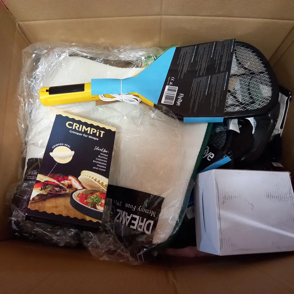 BOX OF APPROXIMATELY 20 ASSORTED ITEMS TO INCLUDE BIG BUTON LANDLINE PHONE, CRIMPIT FOR WRAPS, FLYBYE ELECTRIC BUG ZAPPING RACKET, ETC