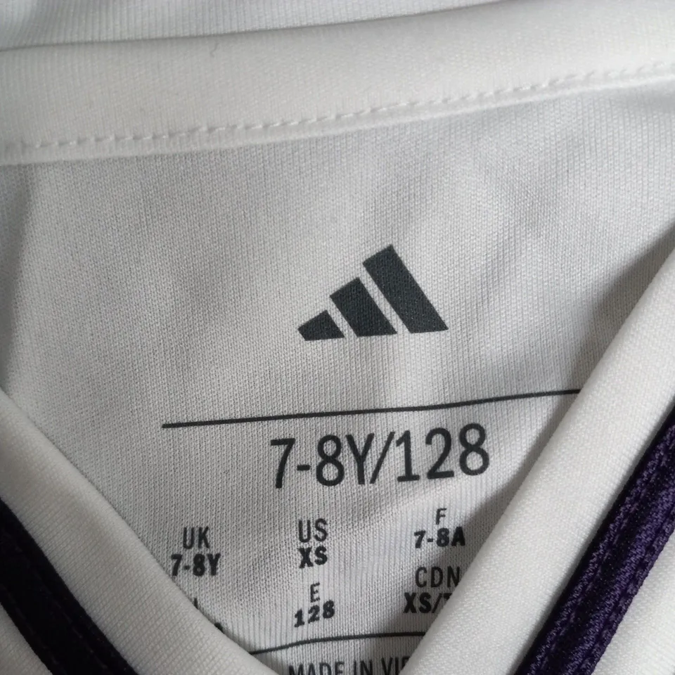 ADIDAS KIDS' FOOTBALL SHIRT – WHITE/PURPLE, UK 7-8Y (US XS) – SNAPDRAGON SPONSOR (SESKO - #30)