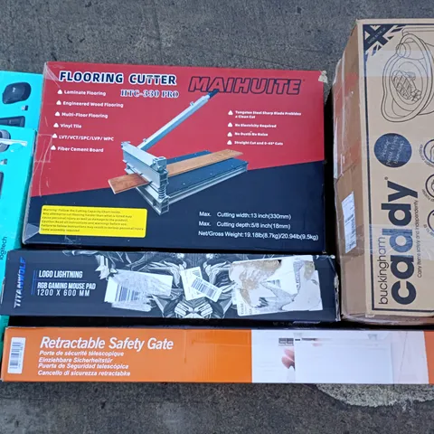 LARGE PALLET OF ASSORTED HOUSEHOLD ITEMS TO INCLUDE FLOORING CUTTERS, RGB MOUSE PAD AND SAFETY GATE
