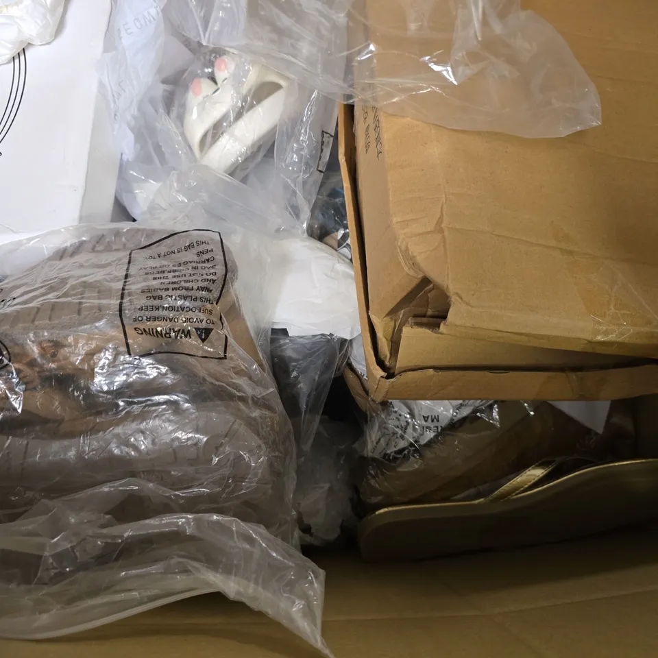 BOX OF APPROXIMATELY 12 PAIRS OF ASSORTED SHOES IN VARIOUS COLOUR, STYLES AND SIZES