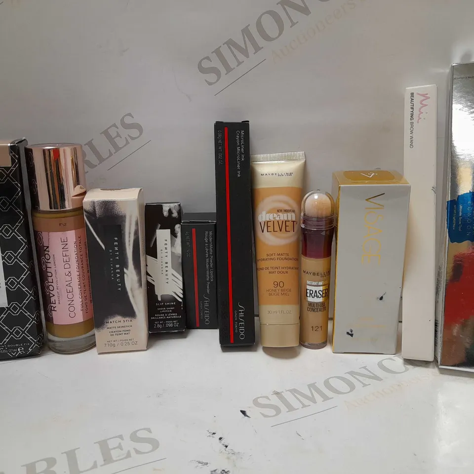 LOT OF APPROX 12 ASSORTED MAKEUP PRODUCTS TO INCLUDE REVOLUTION CONCEALOR, FENTY BEAUTY LIPSTICK, VISAGE RETINOL SERUM, ETC