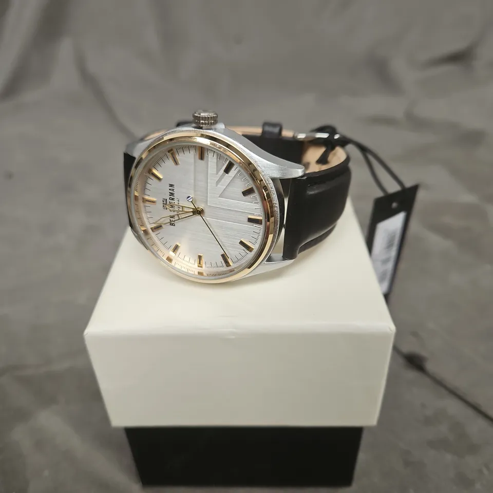 BEN SHERMAN WATCH – SILVER TONE DIAL, BLACK LEATHER STRAP 