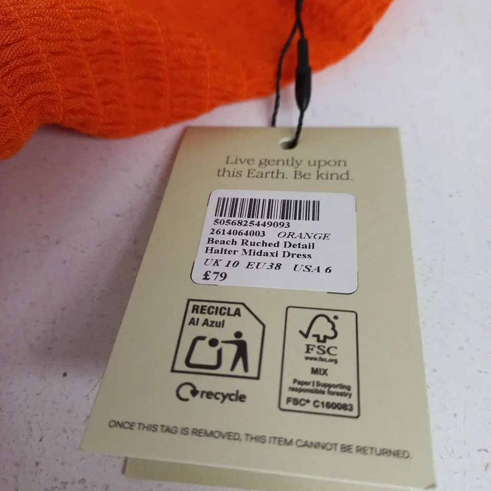 NOBODY'S CHILD ORANGE BEACH RUCHED DETAIL HALTER MIDAXI DRESS – UK 10 (EU 38, US 6)
