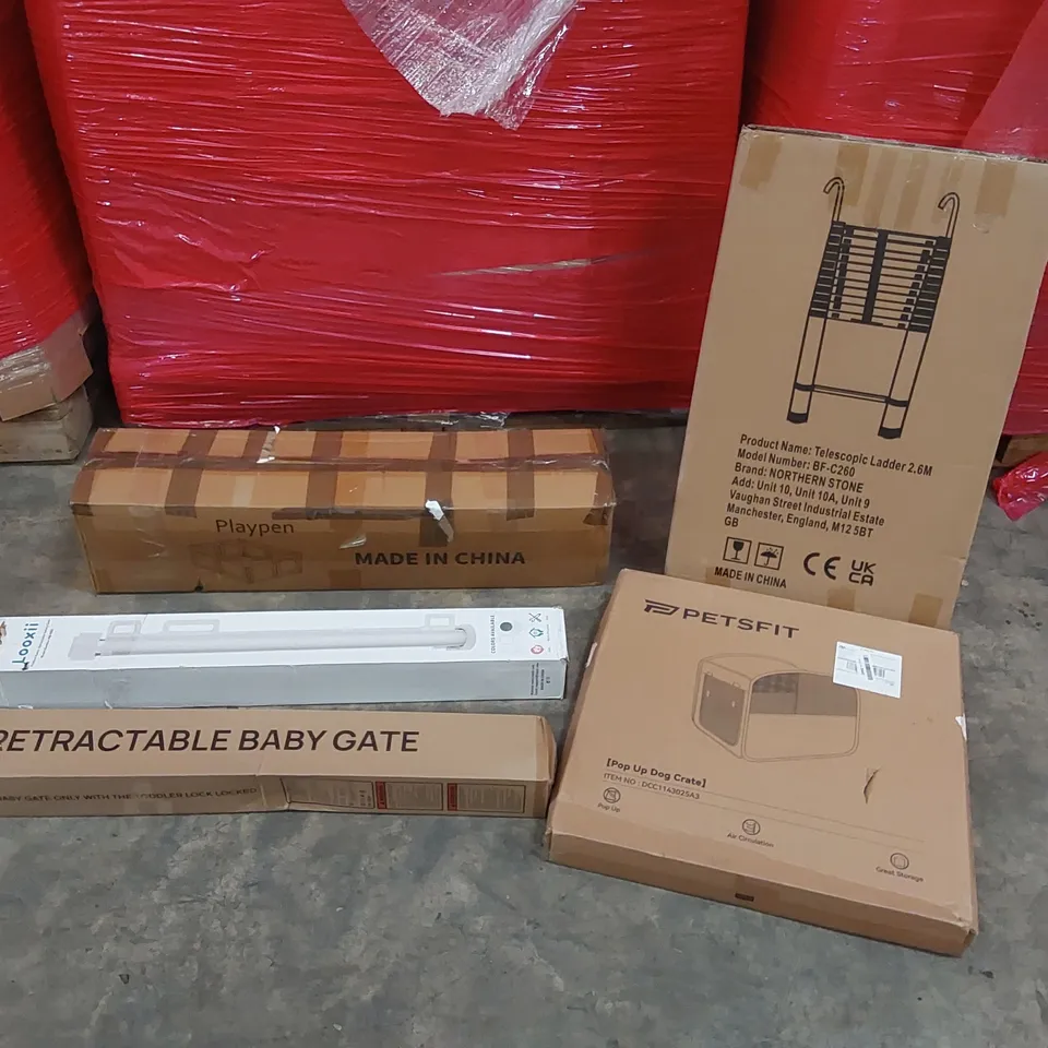 PALLET OF ASSORTED CONSUMER PRODUCTS TO INCLUDE: TELESCOPIC LADDER, RETRACTABLE SAFETY GATES, POP UP DOG CRATE, PLAY PEN ECT