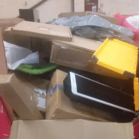 PALLET OF ASSORTED HOUSEHOLD PRODUCTS AND ITEMS, INCLUDING; PENDANT LIGHT, DOOR FRAME PULL-UP BAR, FAN, BOXED FURNITURE ETC