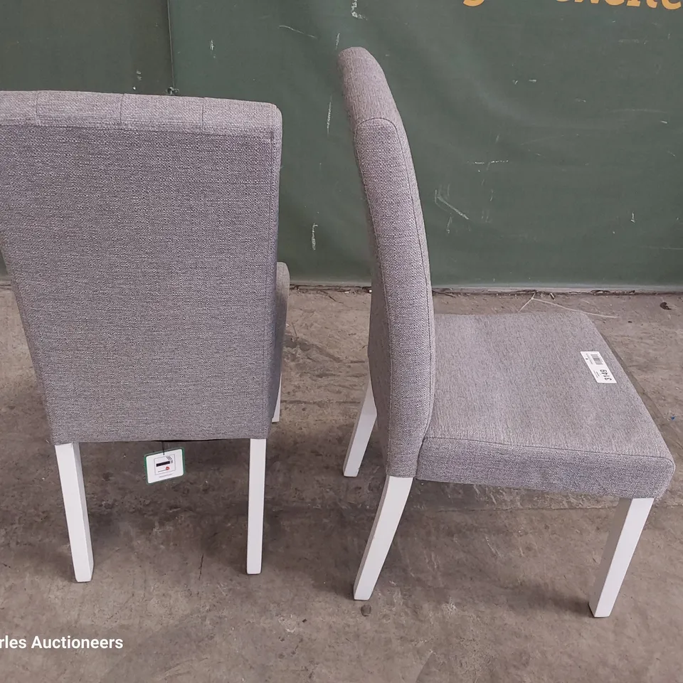 PAIR OF UPHOLSTERED BUTTONED BACK DINING CHAIRS GREY FABRIC ON WHITE PAINTED LEGS 
