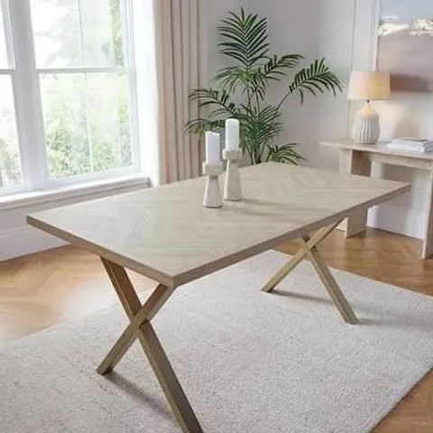 BOXED KAIA 160cm BRASS HERRINGBONE DINING TABLE (2 BOXES)