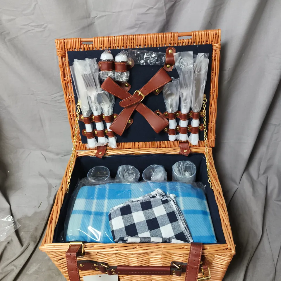 WICKER PICNIC HAMPER SET WITH LEATHER-TRIM UTENSILS, BLANKET & ACCESSORIES