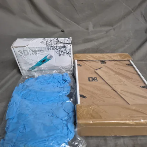 BOX OF APPROXIMATELY 15 ASSORTED HOUSEHOLD ITEMS TO INCLUDE 3D PRINTING PEN, BLUE RUBBER GLOVES AND PICTURE FRAMES