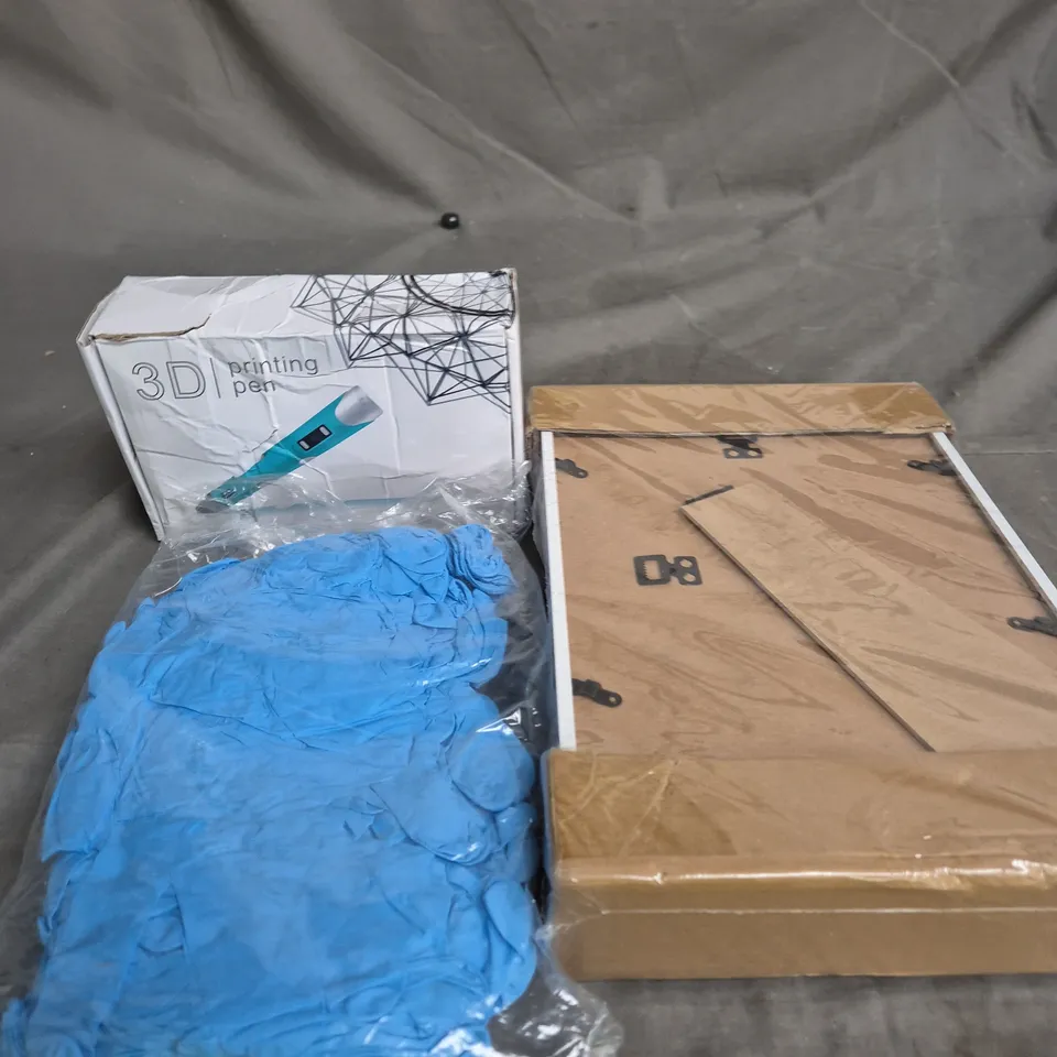 BOX OF APPROXIMATELY 15 ASSORTED HOUSEHOLD ITEMS TO INCLUDE 3D PRINTING PEN, BLUE RUBBER GLOVES AND PICTURE FRAMES