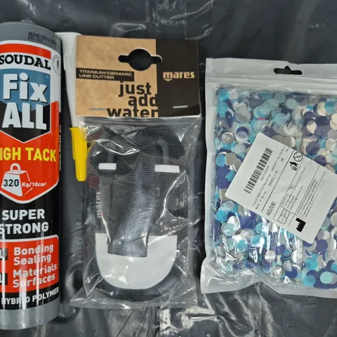 APPROXIMATELY 10 ASSORTED HOUSEHOLD ITEMS TO INCLUDE FIX ALL HYBRID POLYMER, MARES TITANIUM/CERAMIC LINE CUTTER, ETC