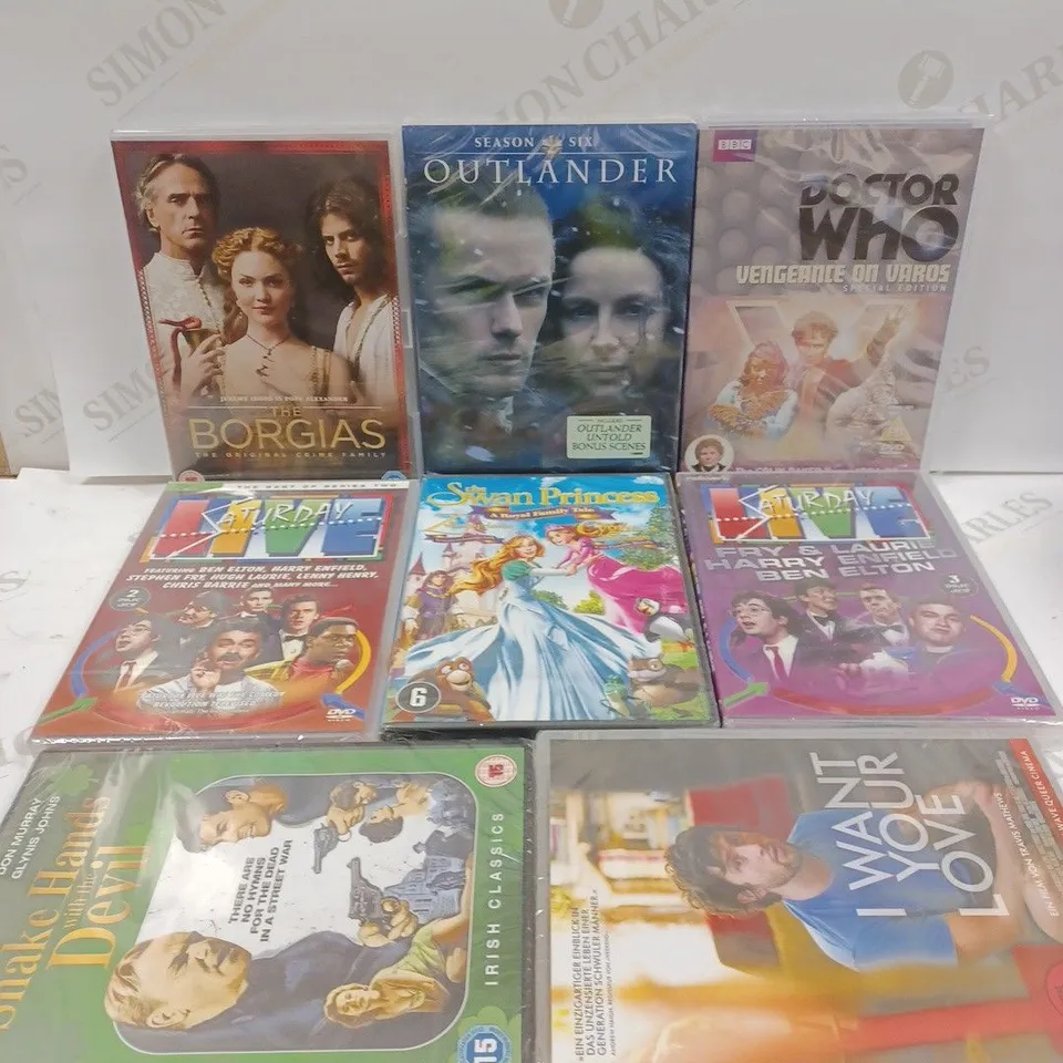 BOX TO CONTAIN APPROX. 15 X ASSORTED SEALED FILMS & TV SHOWS. INCLUDES OUTLANDER, ONLY FOOLS & HORSES, DOCTOR WHO ETC 