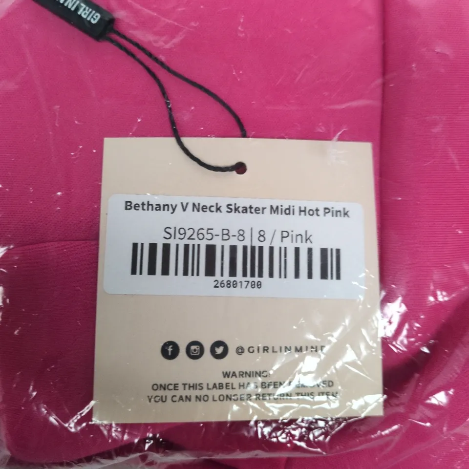 BETHANY V-NECK SKATER MIDI DRESS – HOT PINK, UK 8