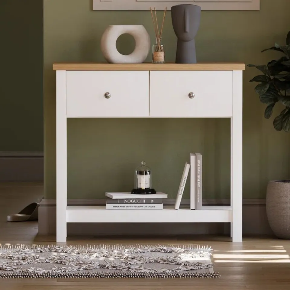 BOXED BEACSFIELD 2 DRAWER CONSOLE TABLE HALLWAY & LIVING ROOM FURNITURE - WHITE (1 BOX)