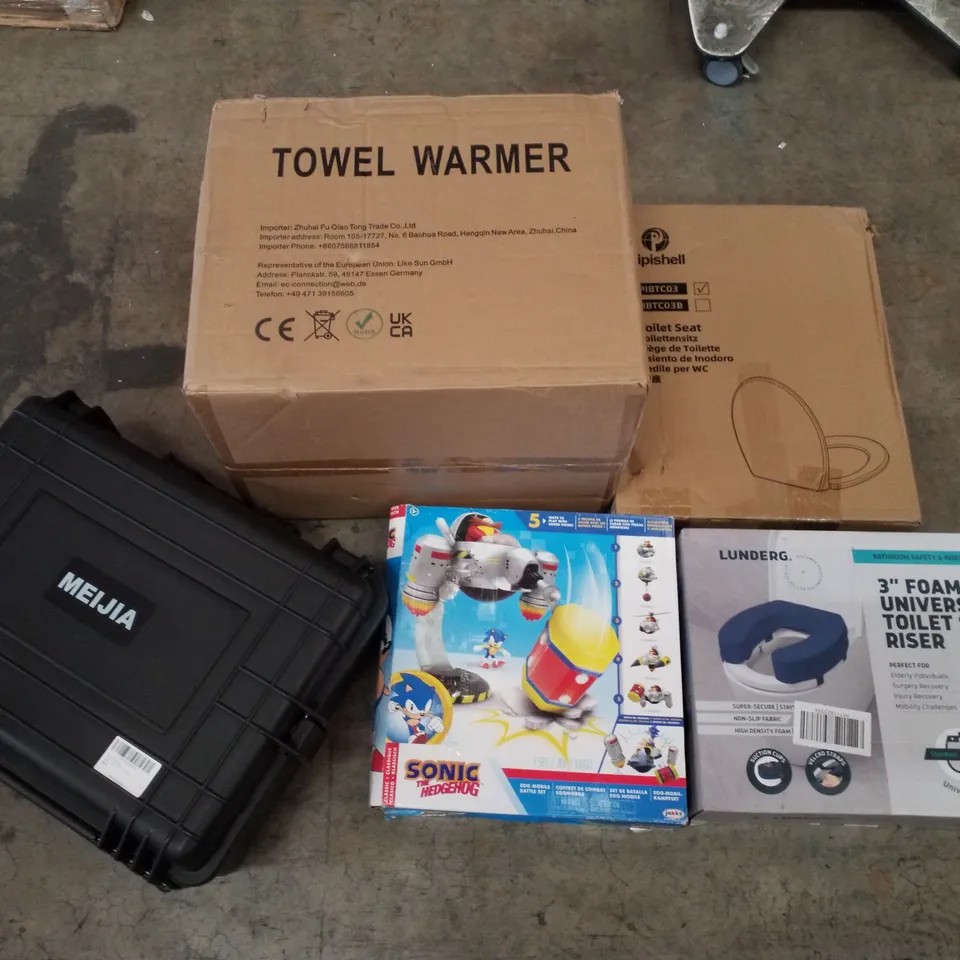 PALLET CONTAINING ASSORTED PRODUCTS INCLUDING TOWEL WARMER, TOILET SEAT, 3" FOAM UNIVERSAL TOILET SEAT RISER, SONIC THE HEDGEHOG EGG MOBILE BATTLE SET & WATERPROOF PROTECTIVE CASE 