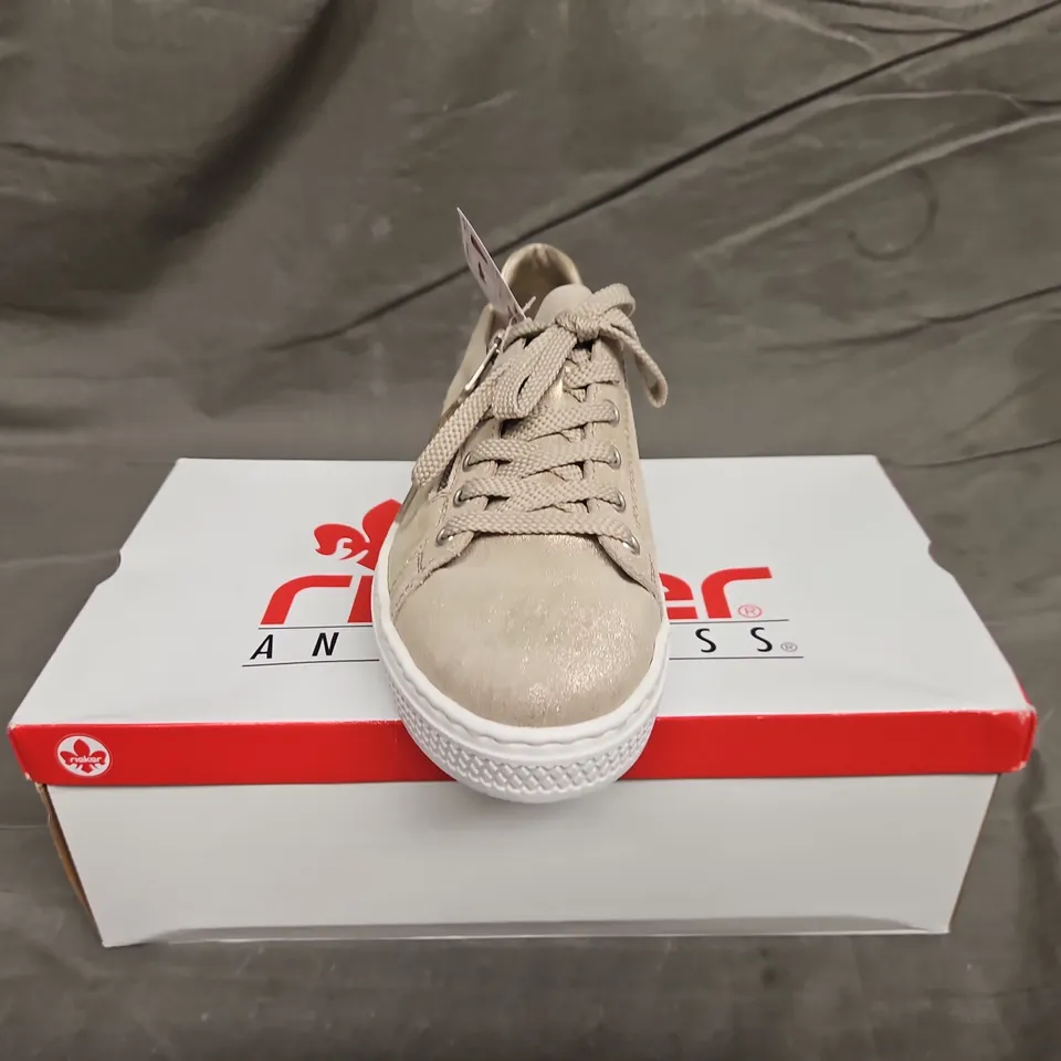 BOXED PAIR OF RIEKER SHOES IN METALLIC GOLD SIZE 39