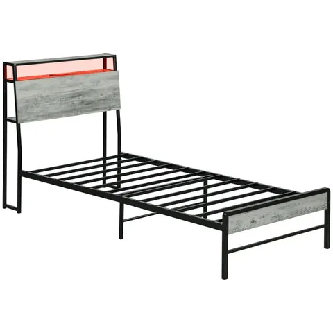 BOXED HOMCOM SINGLE STEEL BED FRAME, WITH LED LIGHTS AND SHELF - GREY