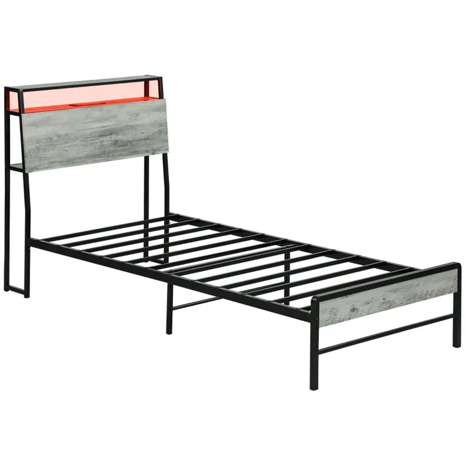 BOXED HOMCOM SINGLE STEEL BED FRAME, WITH LED LIGHTS AND SHELF - GREY