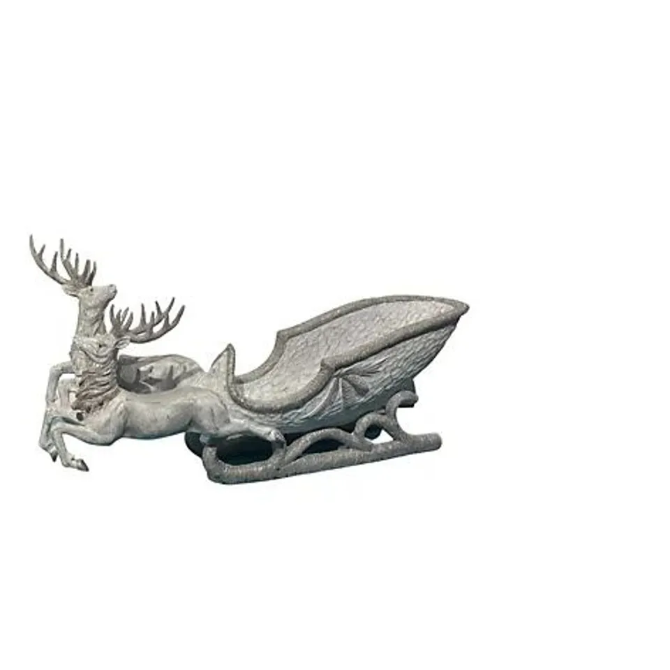 OTTERS BROOK 65CM ANTIQUE SILVER RESIN SLEIGH AND TWO DEER