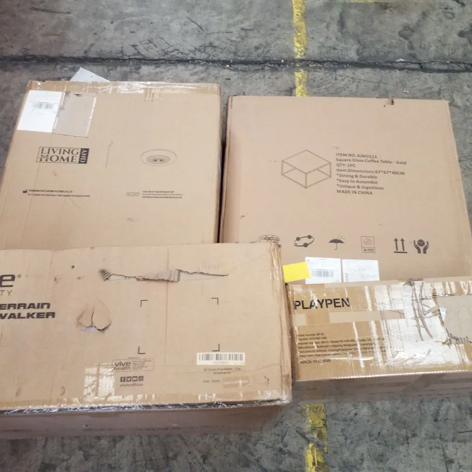 PALLET CONTAINING ASSORTED PRODUCTS INCLUDING SQUARE GLASS COFFEE TABLE - GOLD, PLAYPEN, ALL-TERRAIN KNEE WALKER PINK & FAN LAMP 