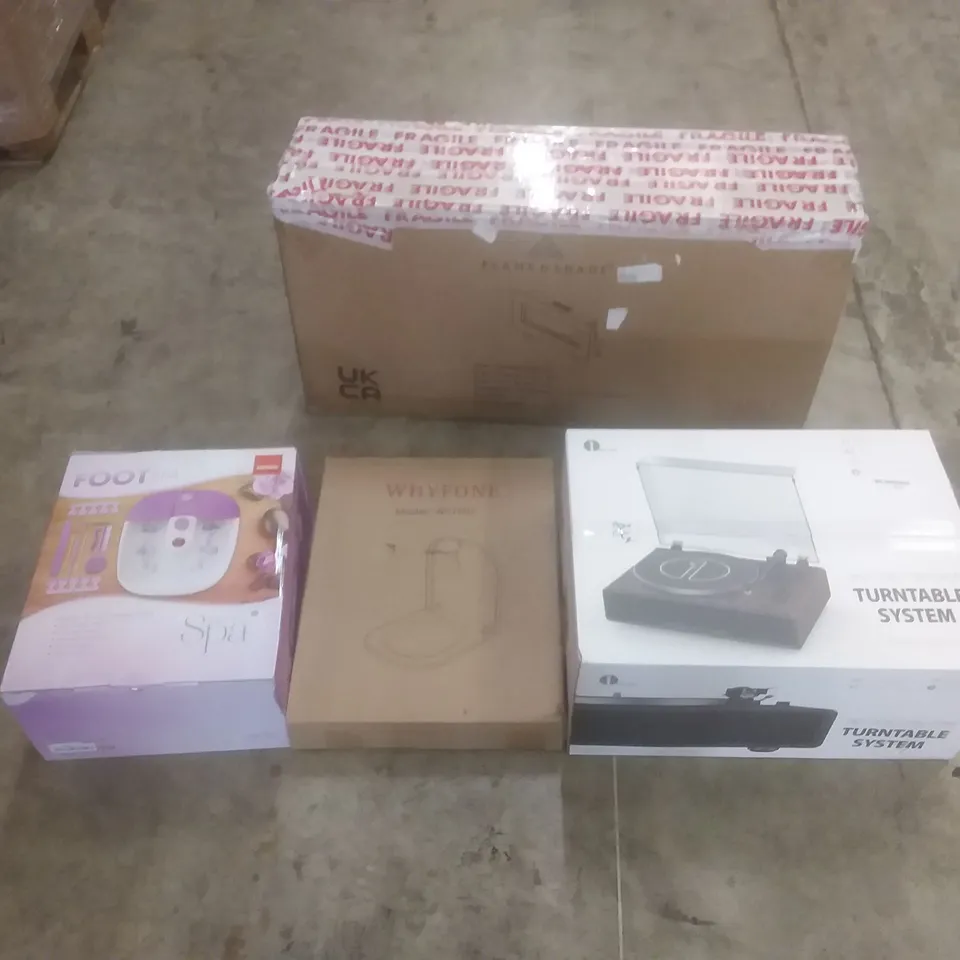 PALLET OF ASSORTED HOUSEHOLD PRODUCTS AND ITEMS, INCLUDING; TURNTABLE SYSTEM, TOILET SEAT, FOOT SPA, ELECTRIC FIREPLACE HEATER, BOXED FURNITURE ETC 