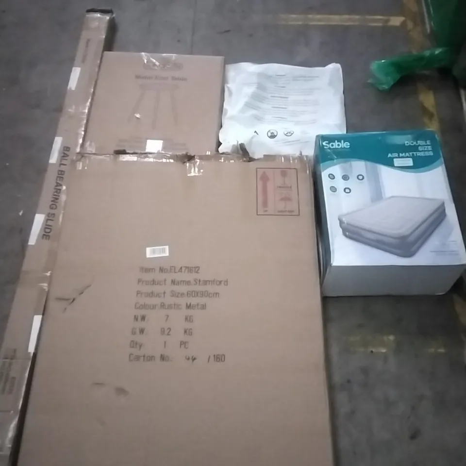 PALLET OF ASSORTED ITEMS INCLUDING METAL END TABLE, DOUBLE SIZE AIR MATTRESS, BALL BEARING SLIDE, WORKOUT RESISTANCE WHEEL, STAMFORD MIRROR 