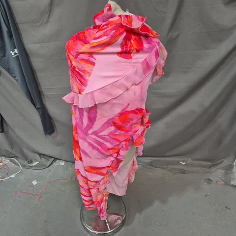 PRETTYLITTLETHING PINK FLORAL ASYMMETRIC MAXI DRESS - UK SIZE 10