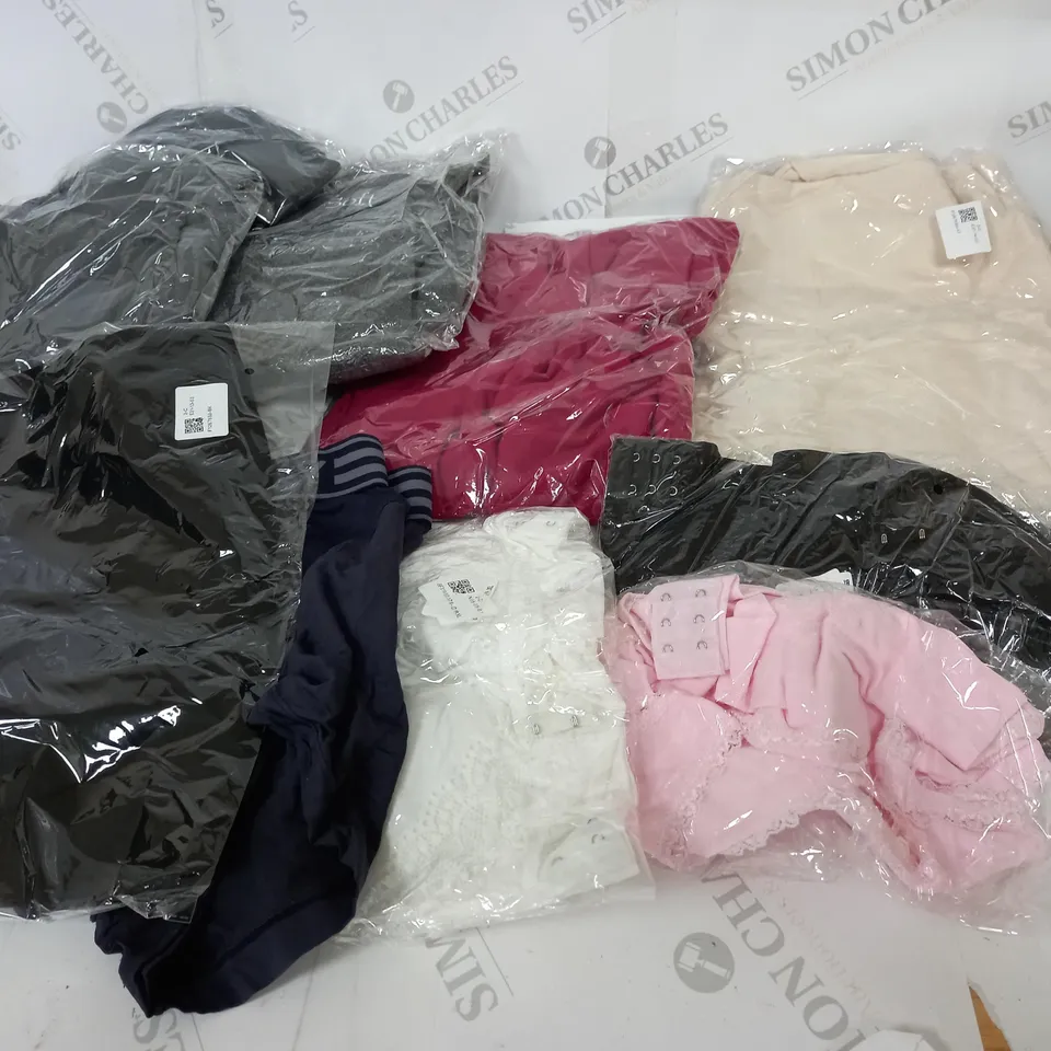 LARGE BOX OF ASSORTED CLOTHING ITEMS IN VARIOUS COLOURS AND SIZES INCLUDING TROUSERS , TOPS AND JUMPERS 