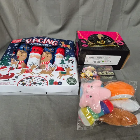 LARGE BOX OF ASSORTED TOYS AND GAMES TO INCLUDE TEDDIES, XMAS CRACKERS AND CARD GAMES