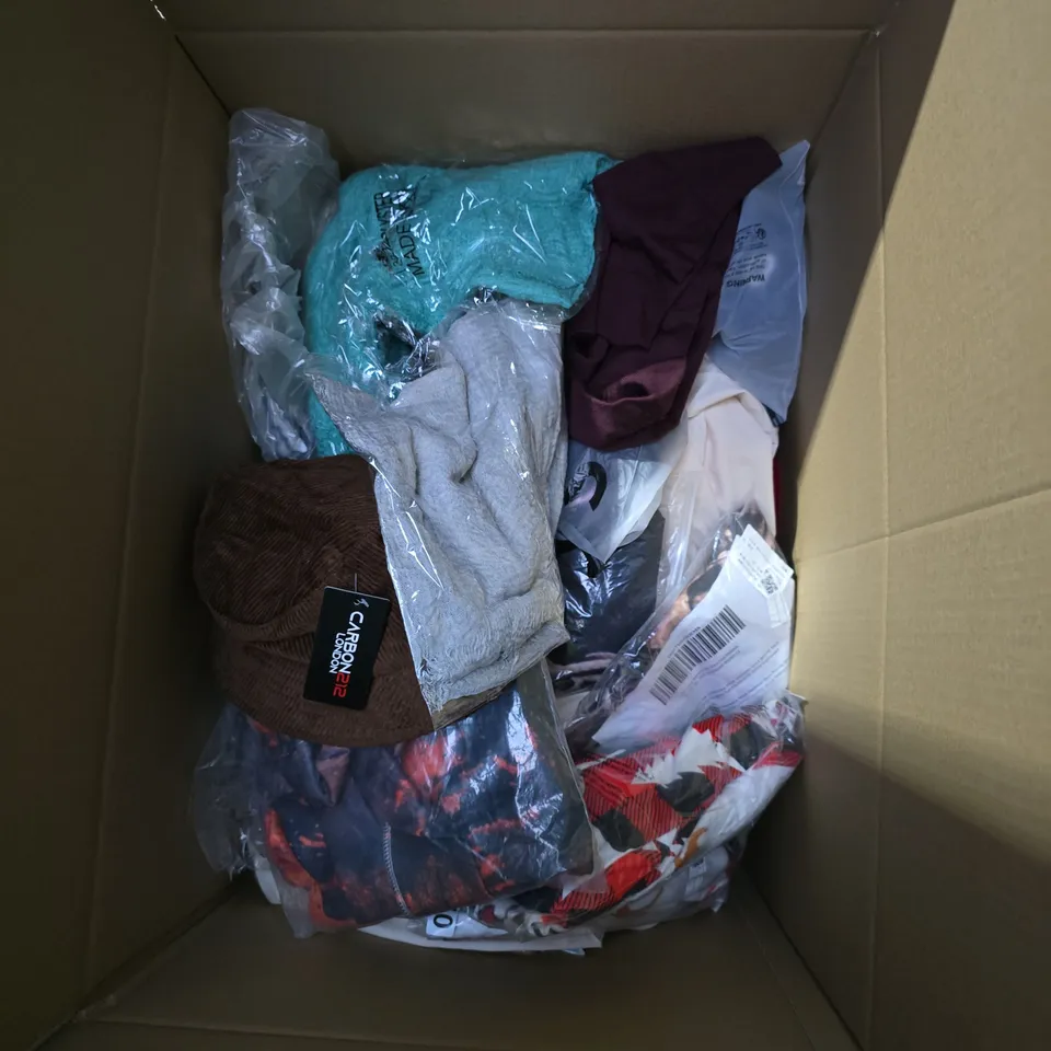 BOXOF APPROXEMATLEY 25 CLOTHING ITEMS INCLUDING: BURGUNDY FUR COAT, M&S PANTS AND M&S JEANS