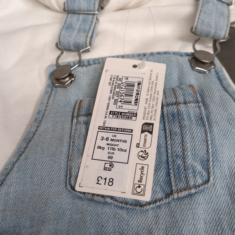 MARKS AND SPENCER 2 PART SET DUNGAREES WITH SHIRT, AGE 3 - 6 MONTHS WITH TAGS