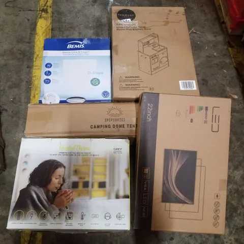PALLET CONTAINING ASSORTED PRODUCTS INCLUDING HEATED THROW, 22" MONITOR, TOILET SEAT, CAMPING DOME TENT & LITTLE CHEF PLAY KITCHEN