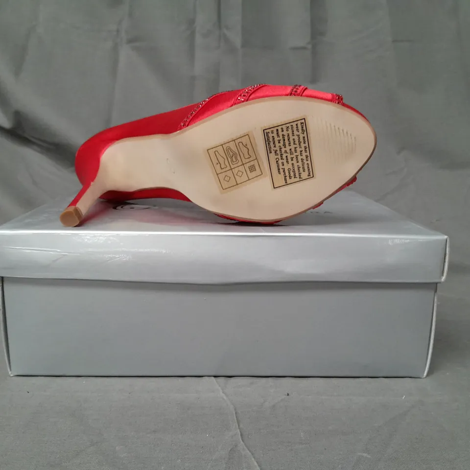 BOX OF APPROXIMATELY 10 BOXED PAIRS OF OCCASIONS BY CASANDRA PEEP TOE HIGH HEEL SHOES IN RED SATIN W. JEWEL EFFECT - VARIOUS SIZES