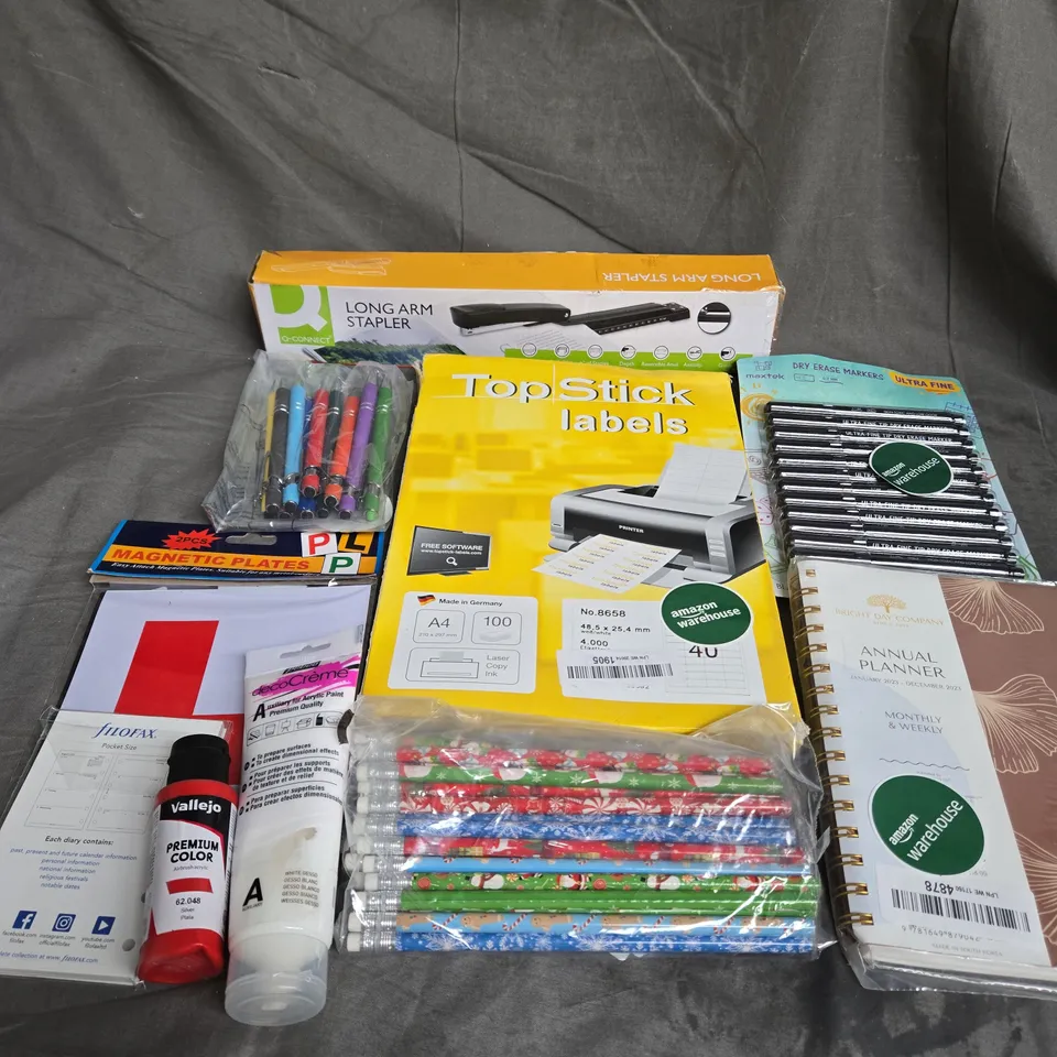 LARGE BOX OF APPROXIMATELY 50 ASSORTED ITEMS TO INCLUDE - Q-CONNECT LONG ARM STAPLER - DRY ERASE MARKERS - TOPSTICK LABELS - ETC - COLLECTION ONLY