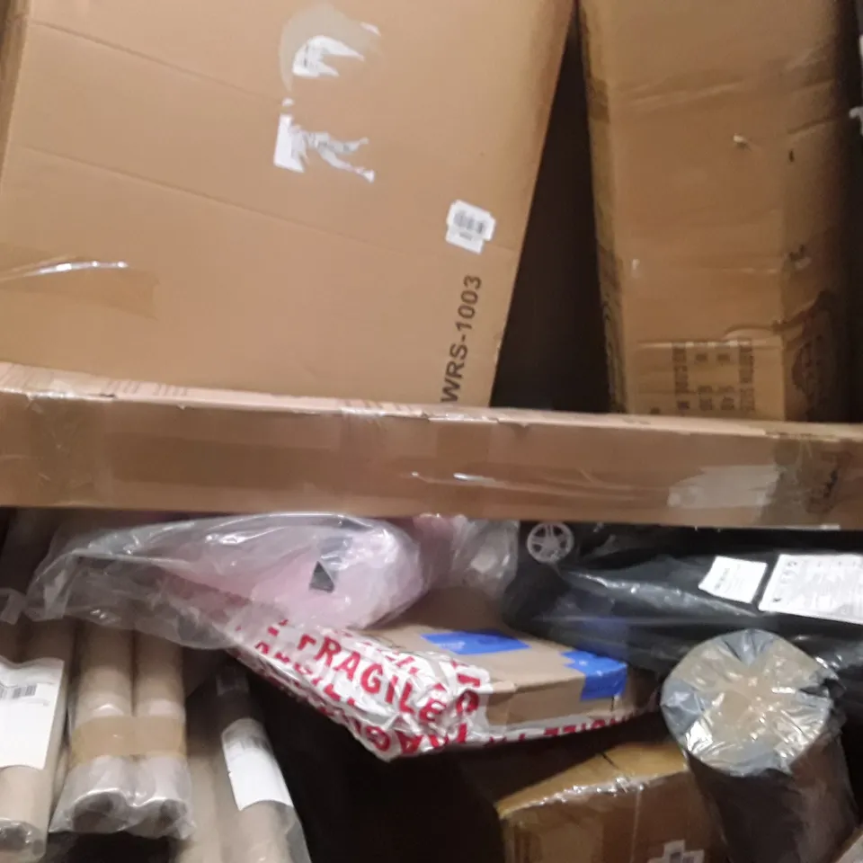 PALLET TO CONTAIN AN ASSORTMENT OF HOUSEHOLD ITEMS TO INCLUDE ROWING MACHINE, CEILING FAN, FUNLIO SWING SET AND BAGS ECT 