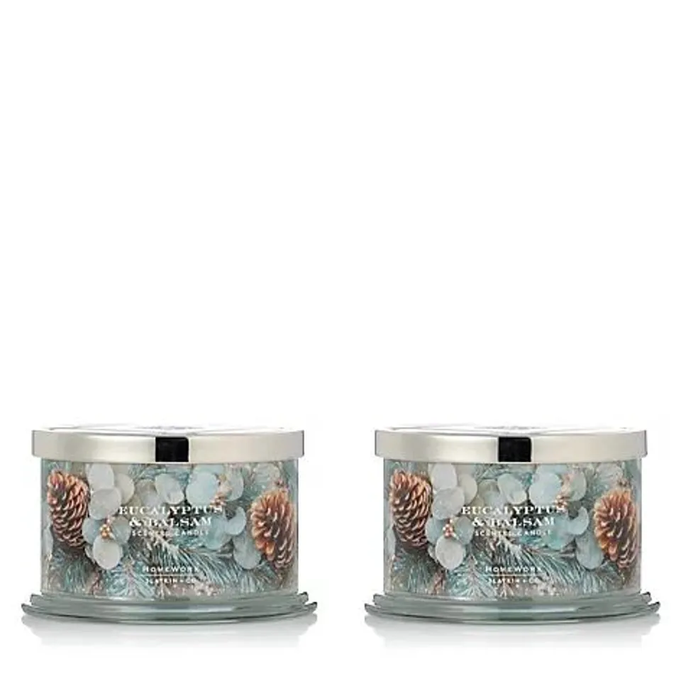 HOMEWORX BY SLATKIN + CO. SET OF TWO EUCALYPTUS AND BALSAM CANDLES.