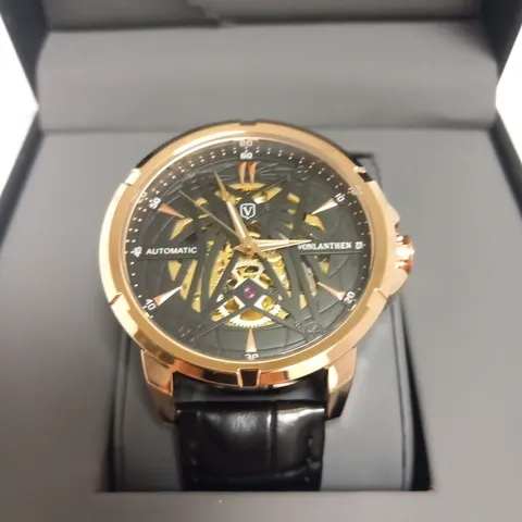 BOXED MENS VONLANTHEN AUTOMATIC SKELETON WATCH β V110 - GLASS EXHIBITION BACKCASE β BLACK LEATHER STRAP
