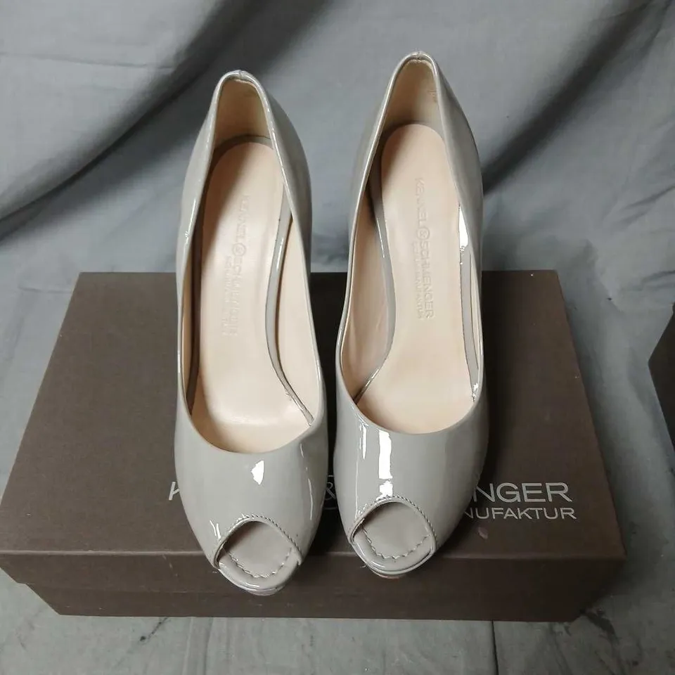KENNEL & SCHMENGER GREY PATENT LEATHER PLATFORM PEEP-TOE HIGH HEELS (BOXED)