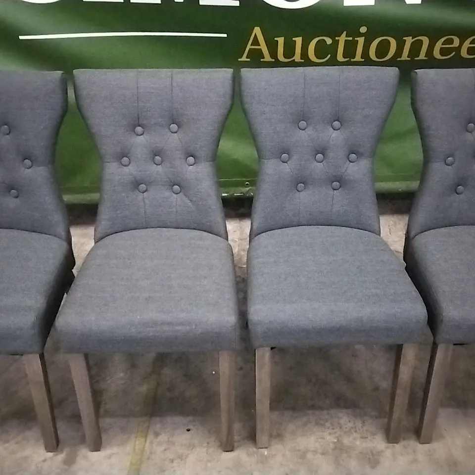 SET OF 4 DARK GREY FABRIC BUTTONBACK DINING CHAIRS WITH WOODEN LEGS