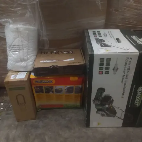 PALLET OF ASSORTED ITEMS INCLUDING AIR MULTIPLIER TOWER FAN, AIR FRYER, SPEAKER STANDS, DUVET